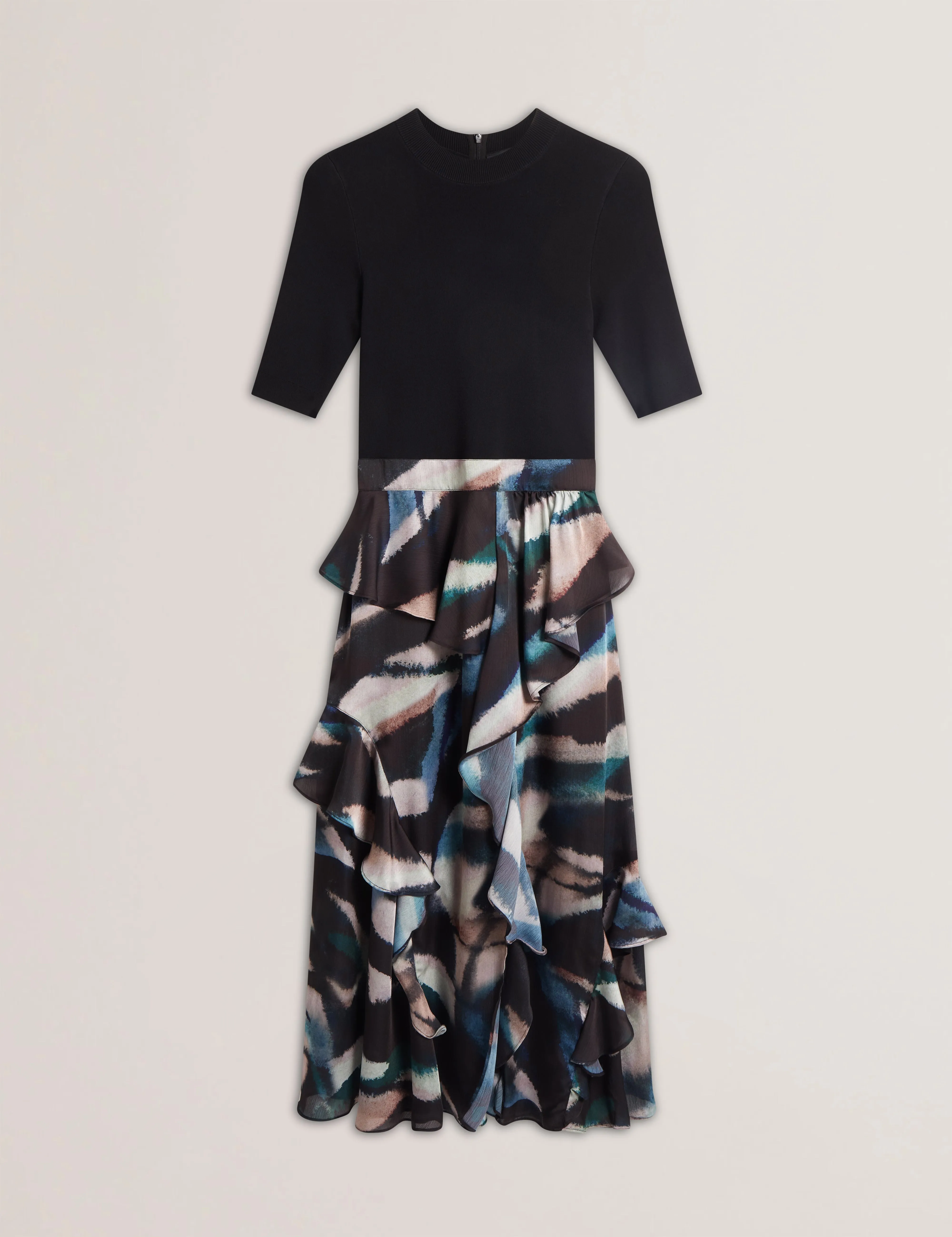 Aurelio Knit Bodice Printed Ruffle Skirt Dress Black