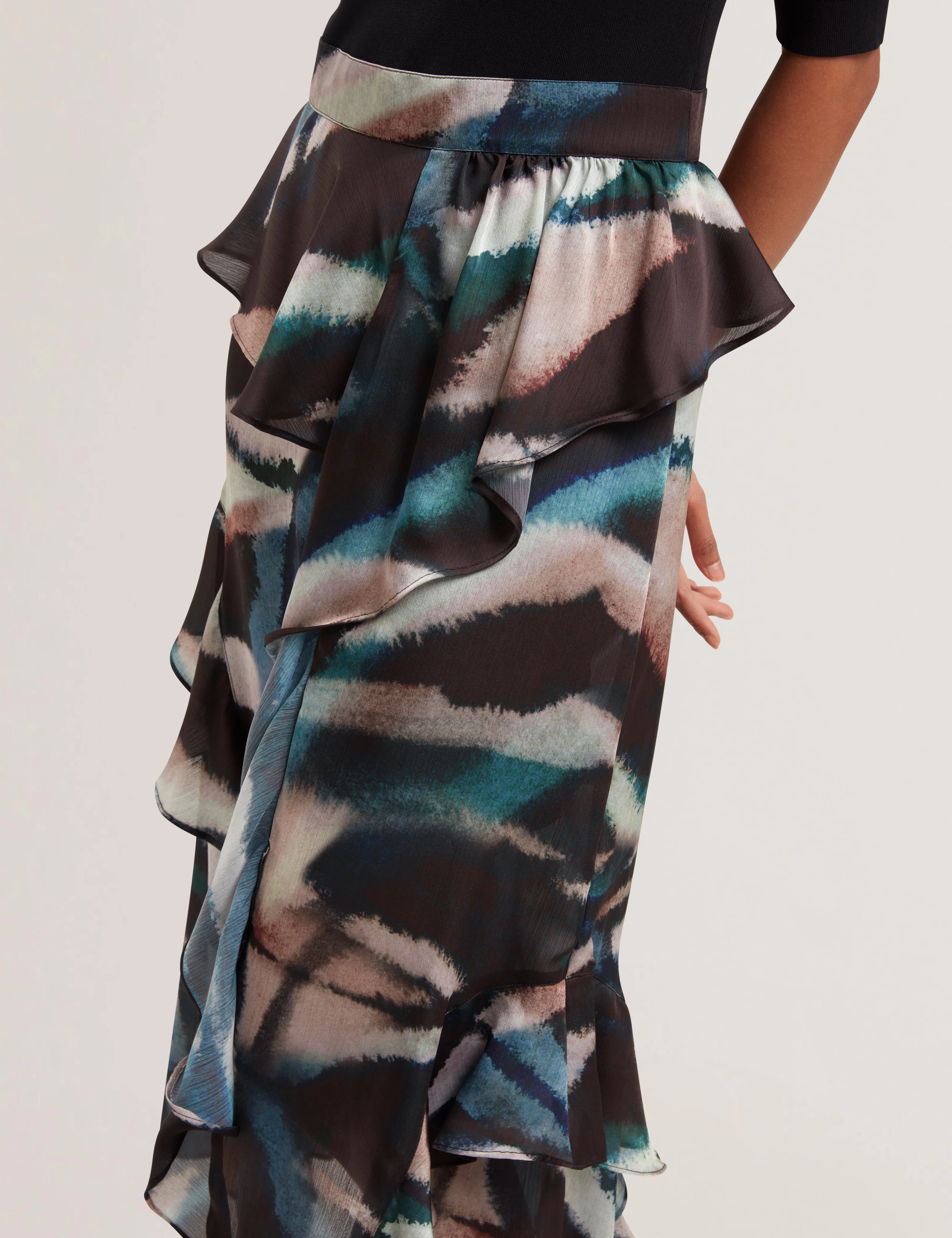 Aurelio Knit Bodice Printed Ruffle Skirt Dress Black