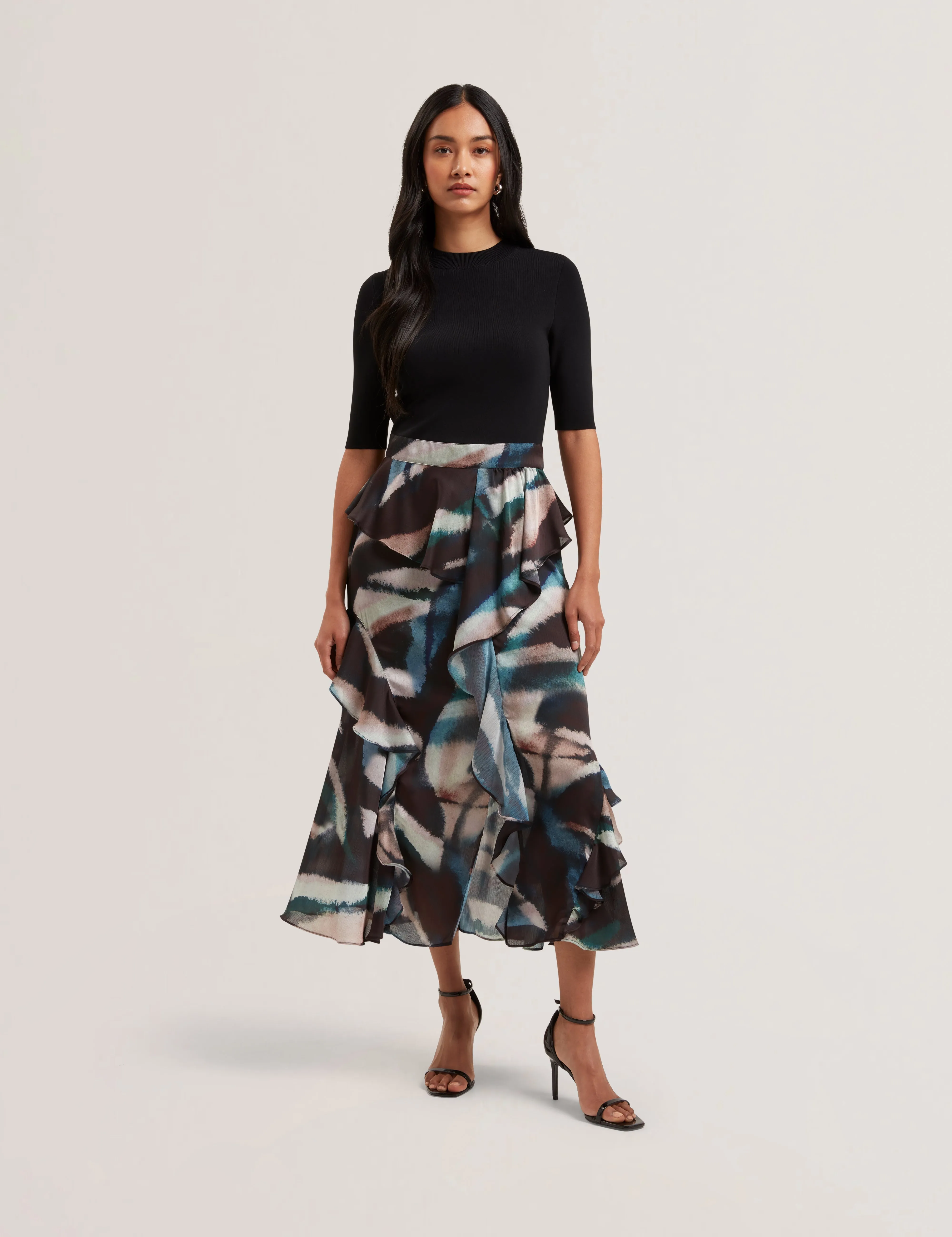 Aurelio Knit Bodice Printed Ruffle Skirt Dress Black