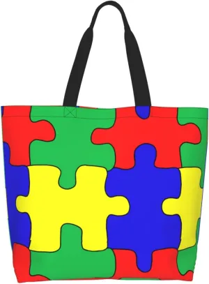 Autism Awareness Tote Bag for Women Men Reusable Grocery Shopping Bag Casual Large Bag for Vacation, Shopping, Work