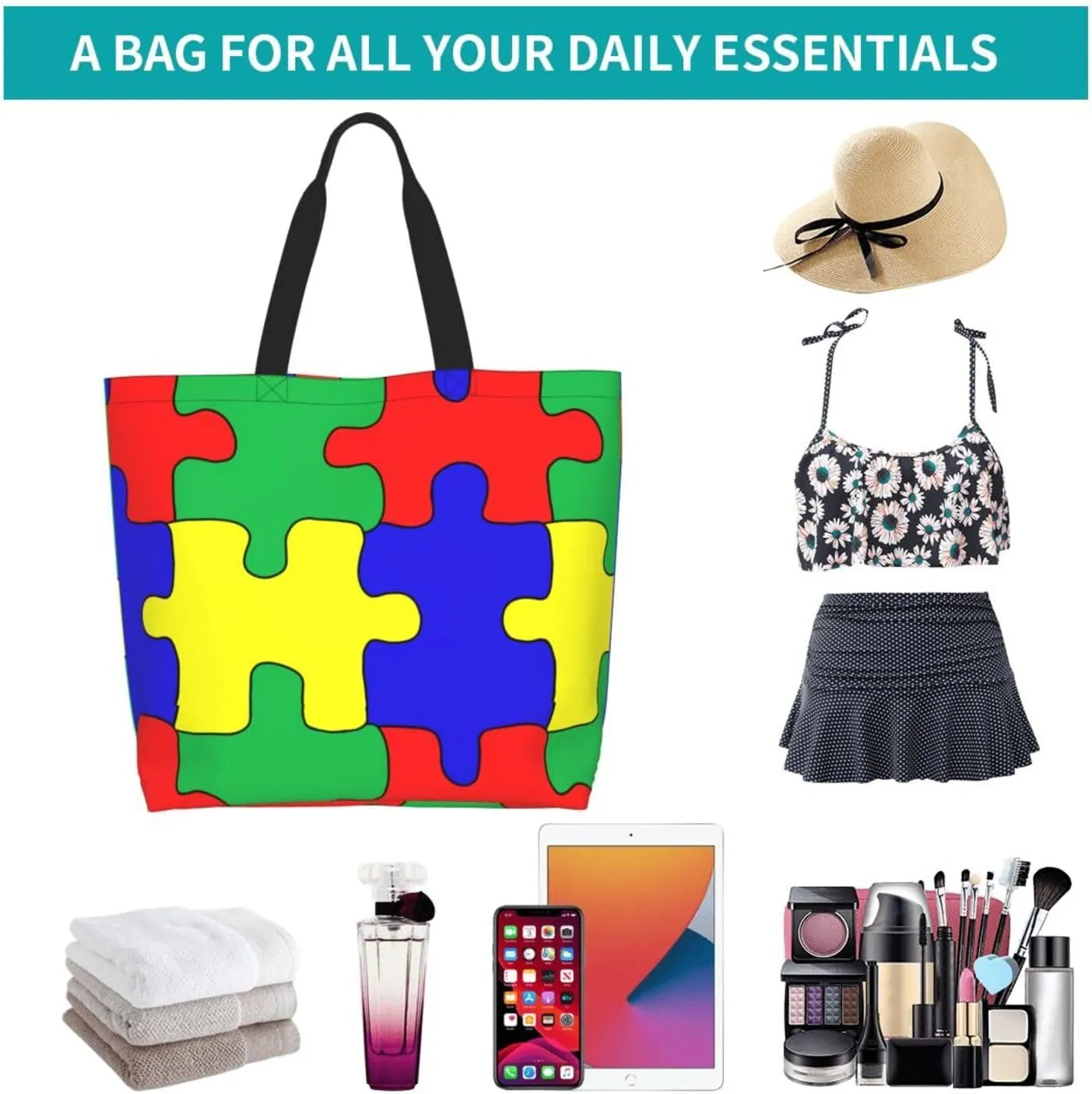 Autism Awareness Tote Bag for Women Men Reusable Grocery Shopping Bag Casual Large Bag for Vacation, Shopping, Work