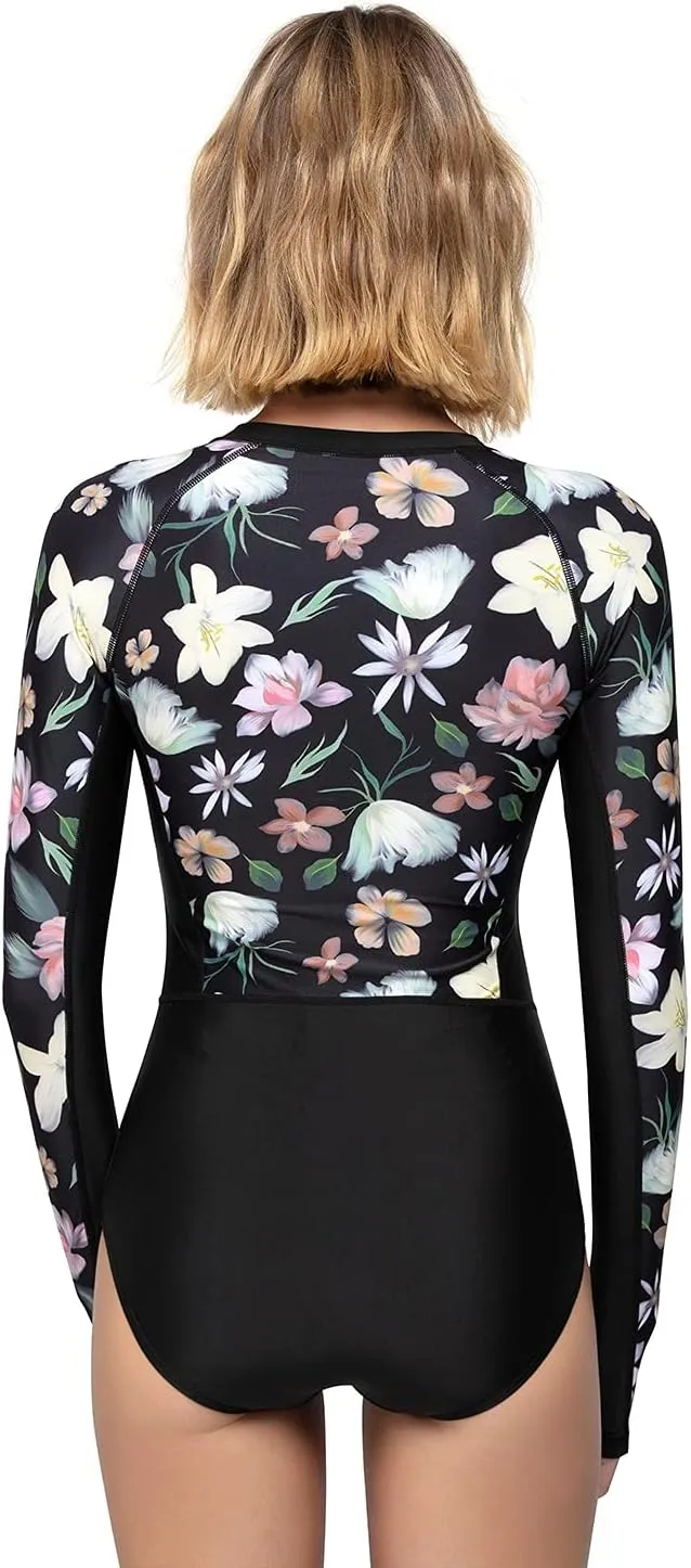 AXESEA Womens Rash Guard Long Sleeve One Piece Swimsuit UV UPF 50  Sun Protection Zipper Printed Patchwork Bathing Suit