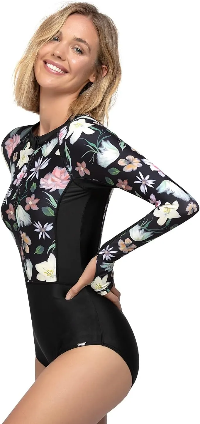 AXESEA Womens Rash Guard Long Sleeve One Piece Swimsuit UV UPF 50  Sun Protection Zipper Printed Patchwork Bathing Suit