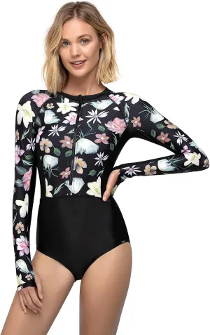AXESEA Womens Rash Guard Long Sleeve One Piece Swimsuit UV UPF 50  Sun Protection Zipper Printed Patchwork Bathing Suit