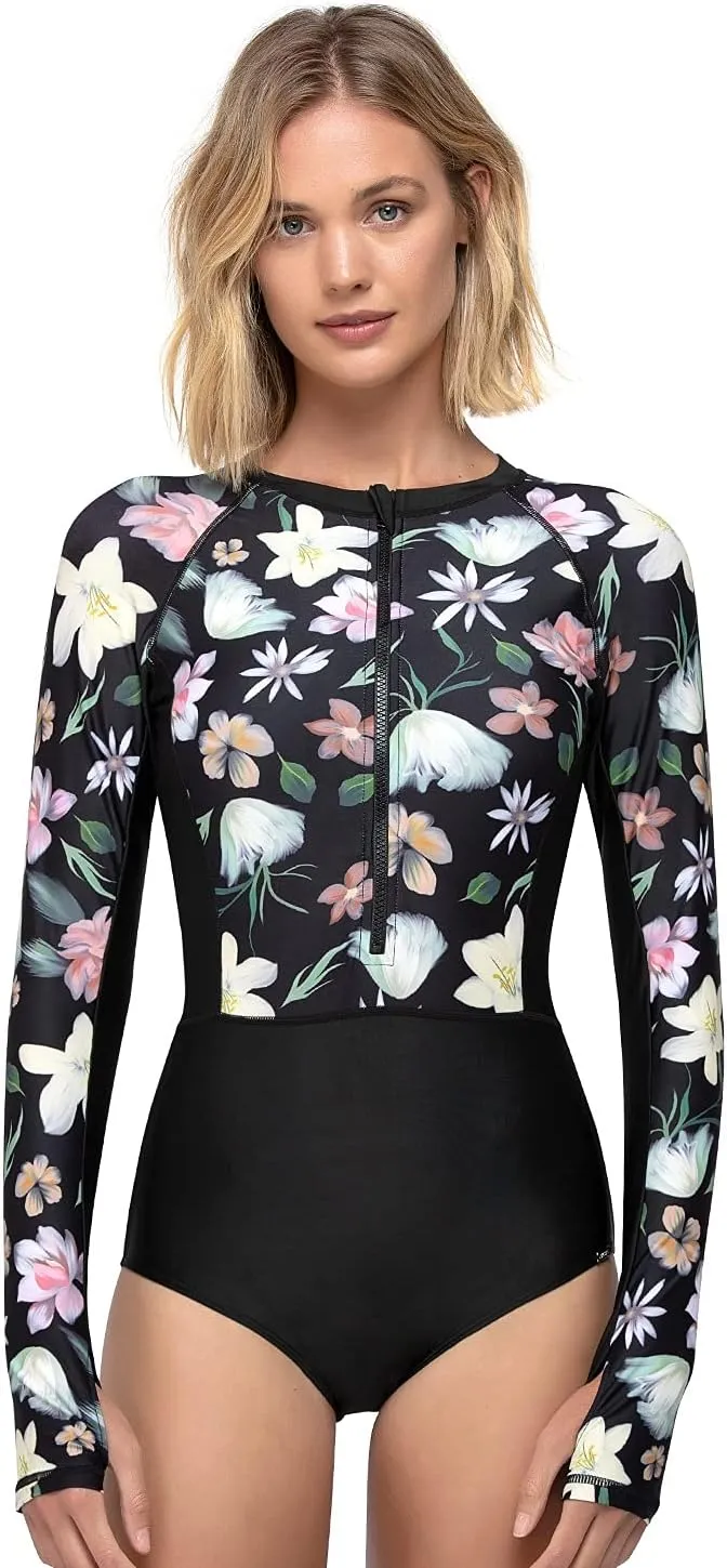 AXESEA Womens Rash Guard Long Sleeve One Piece Swimsuit UV UPF 50  Sun Protection Zipper Printed Patchwork Bathing Suit