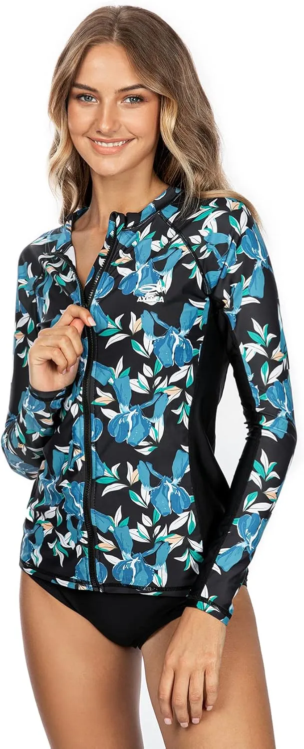 AXESEA Women's Rash Guard Tops Long Sleeve Bathing Suits Printed UV Sun Protection Swim Shirt
