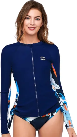 AXESEA Women's Rash Guard Tops Long Sleeve Bathing Suits Printed UV Sun Protection Swim Shirt