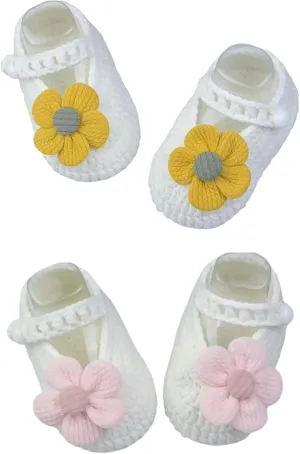 Baby Booties Newborn Soft First Walkers Cozy Shoes Hand Crochet Knit Booties for Toddler Infant Girl 2 Pairs