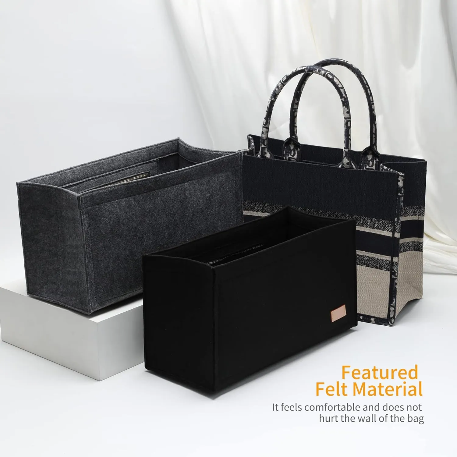 Bag Organizer Insert,Tote Bag Insert For Book Tote Bags Medium Size, Handbag Inner Organizer,Handbag Storage, Bags Felt Liner with Zipper (Grey，L)