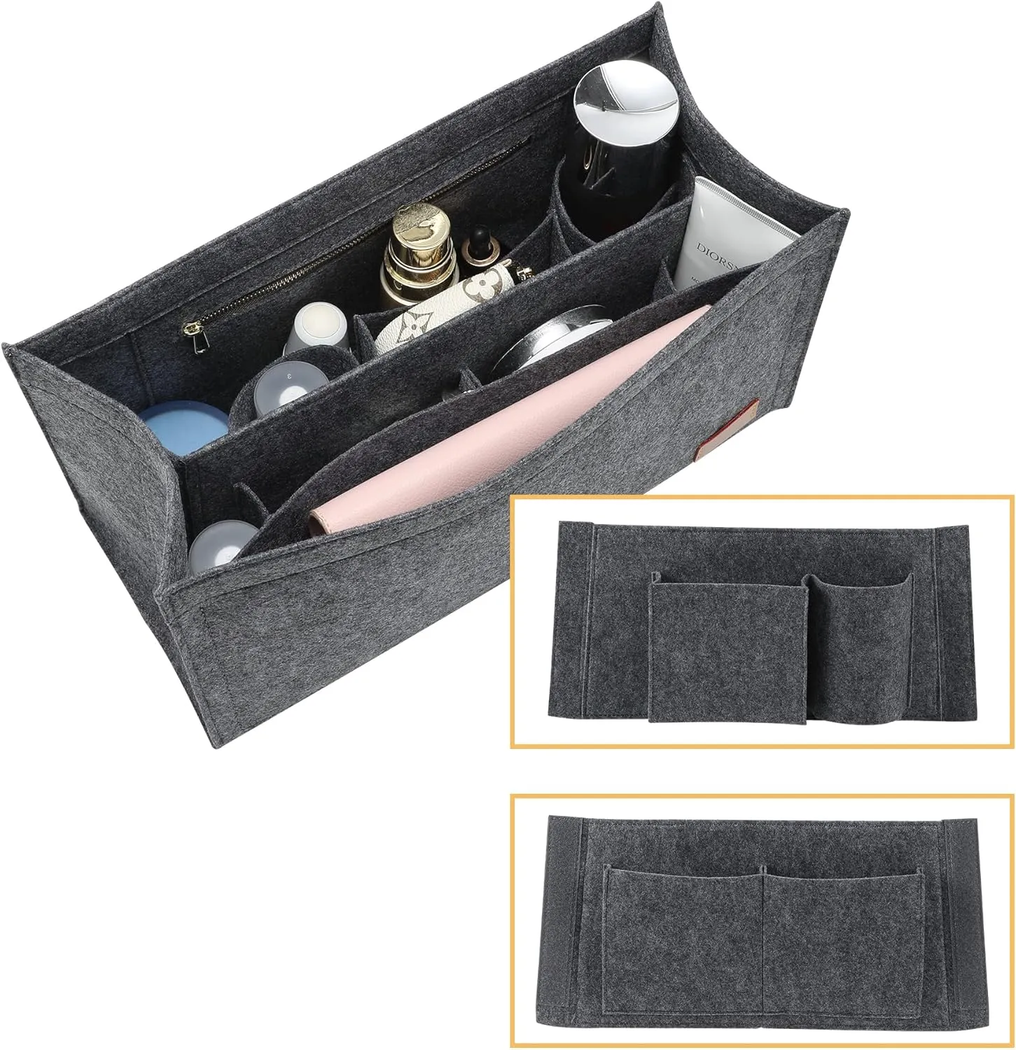 Bag Organizer Insert,Tote Bag Insert For Book Tote Bags Medium Size, Handbag Inner Organizer,Handbag Storage, Bags Felt Liner with Zipper (Grey，L)