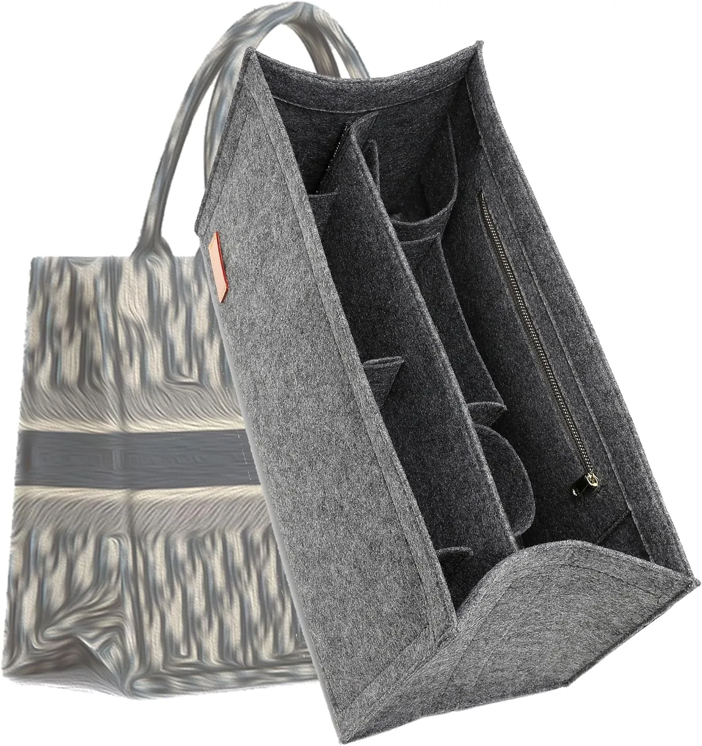 Bag Organizer Insert,Tote Bag Insert For Book Tote Bags Medium Size, Handbag Inner Organizer,Handbag Storage, Bags Felt Liner with Zipper (Grey，L)