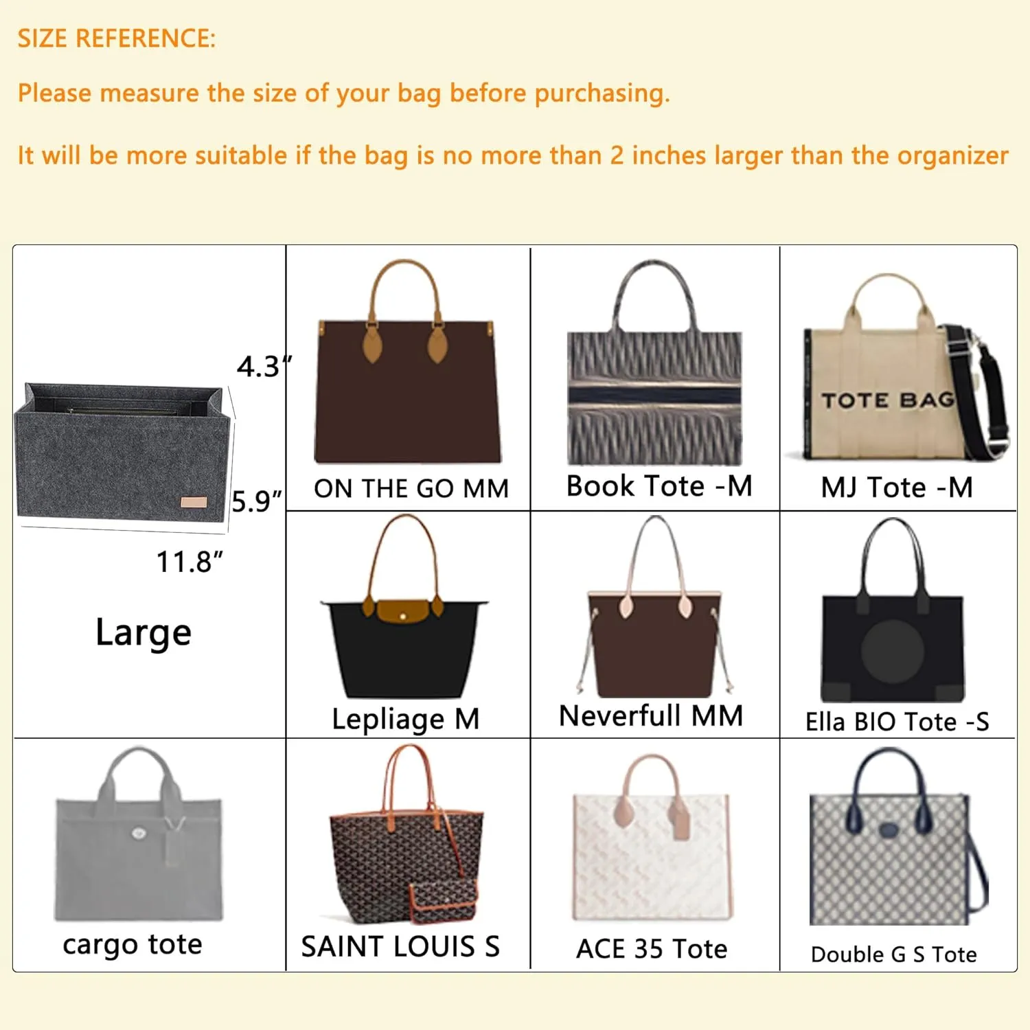 Bag Organizer Insert,Tote Bag Insert For Book Tote Bags Medium Size, Handbag Inner Organizer,Handbag Storage, Bags Felt Liner with Zipper (Grey，L)