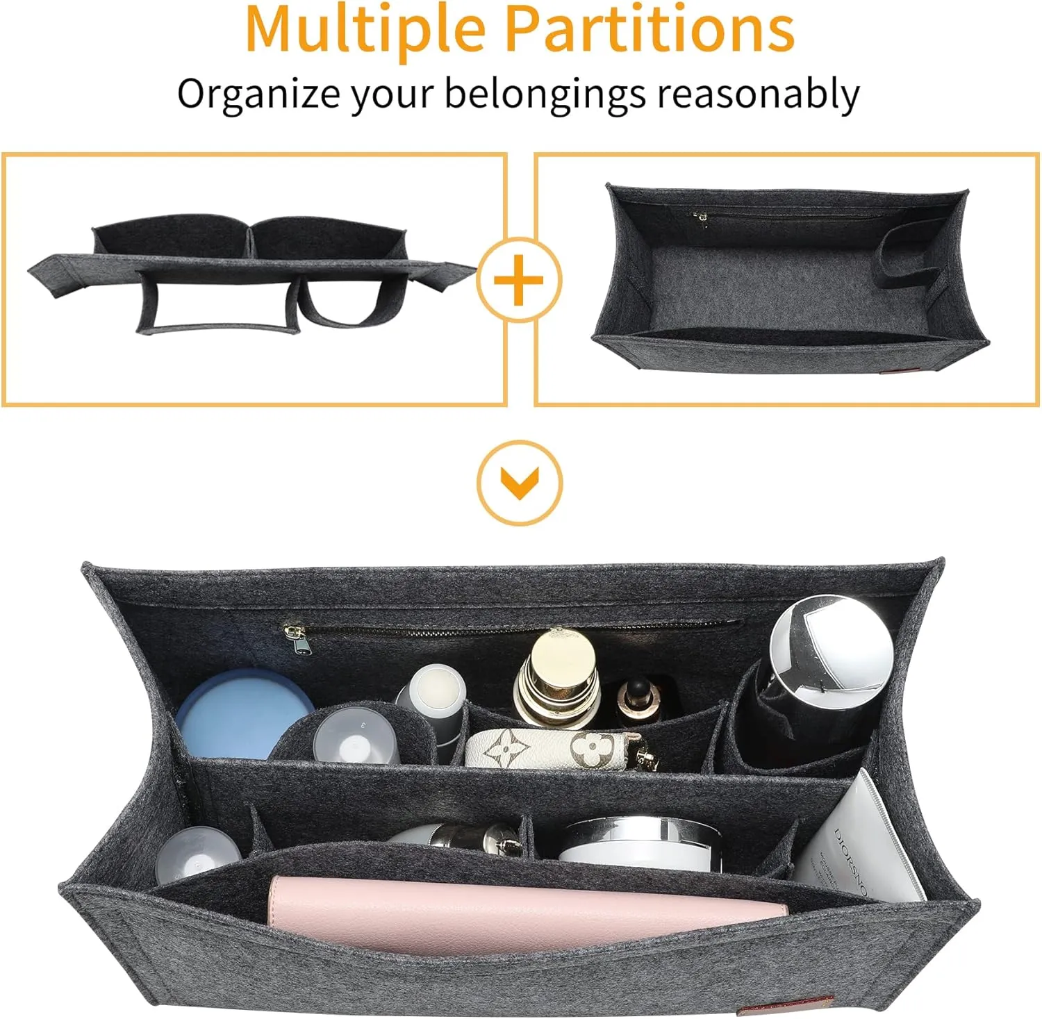 Bag Organizer Insert,Tote Bag Insert For Book Tote Bags Medium Size, Handbag Inner Organizer,Handbag Storage, Bags Felt Liner with Zipper (Grey，L)