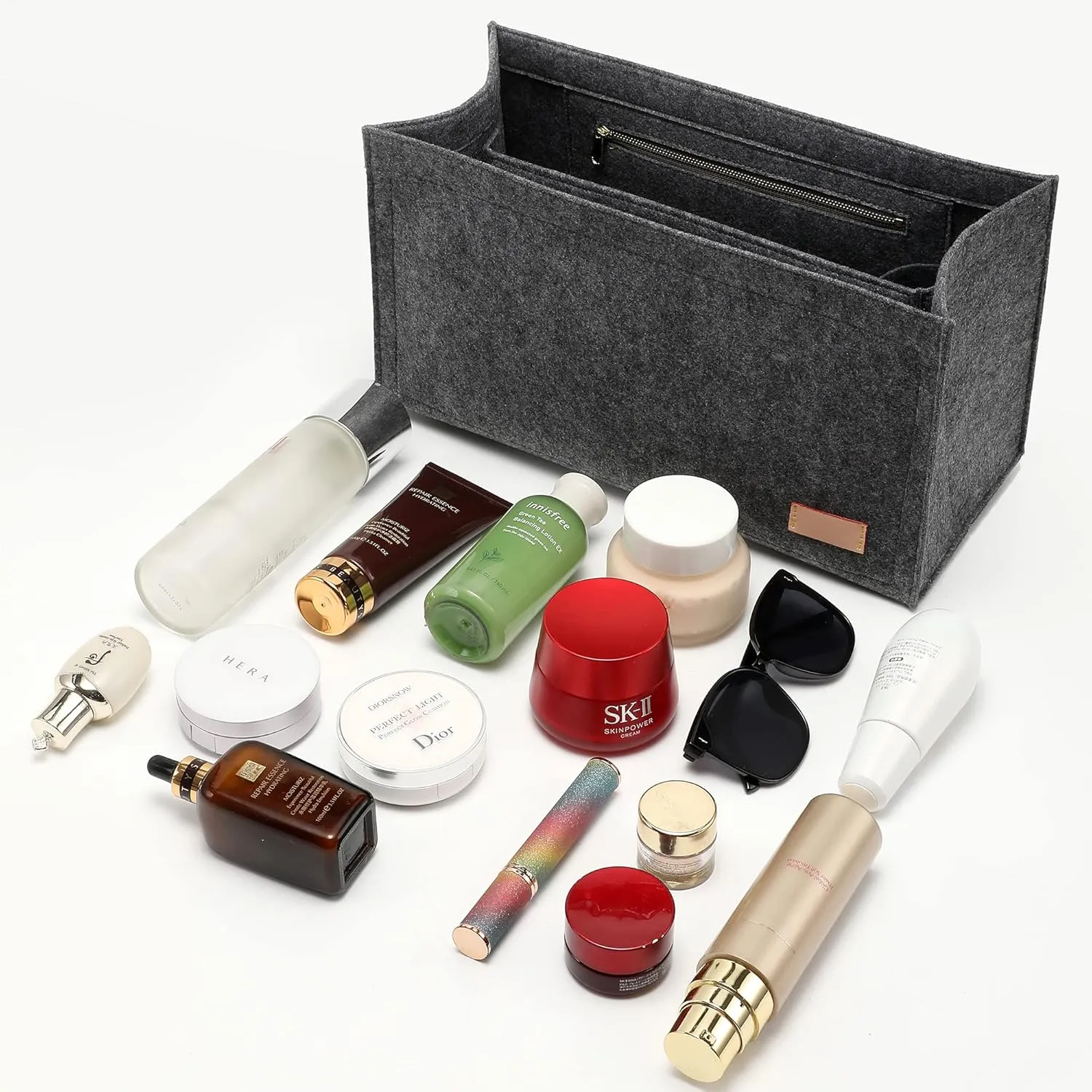 Bag Organizer Insert,Tote Bag Insert For Book Tote Bags Medium Size, Handbag Inner Organizer,Handbag Storage, Bags Felt Liner with Zipper (Grey，L)