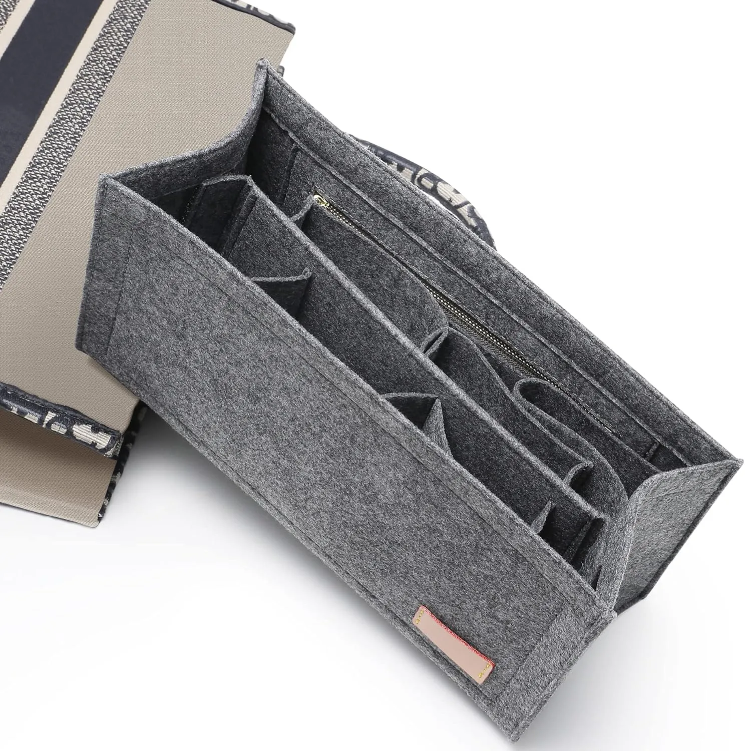 Bag Organizer Insert,Tote Bag Insert For Book Tote Bags Medium Size, Handbag Inner Organizer,Handbag Storage, Bags Felt Liner with Zipper (Grey，L)