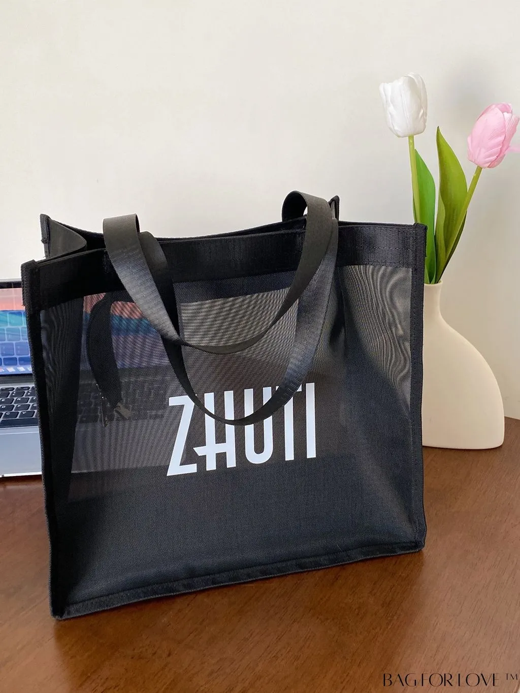 BagForLove - Black Double Handle Beach Bag with Letter Graphic Design