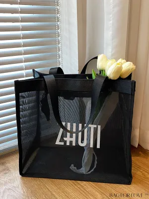BagForLove - Black Double Handle Beach Bag with Letter Graphic Design