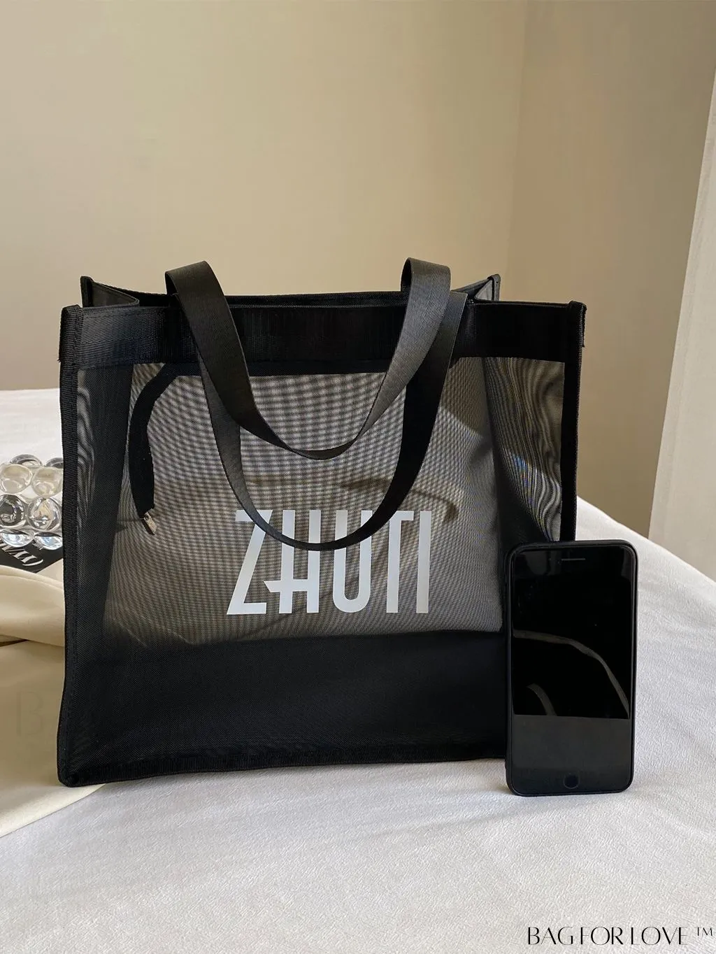 BagForLove - Black Double Handle Beach Bag with Letter Graphic Design