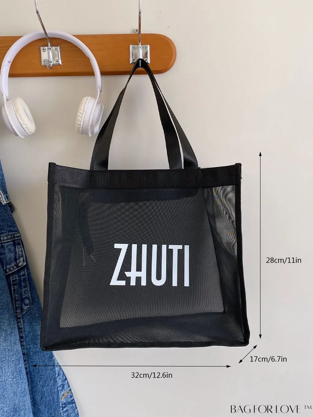 BagForLove - Black Double Handle Beach Bag with Letter Graphic Design