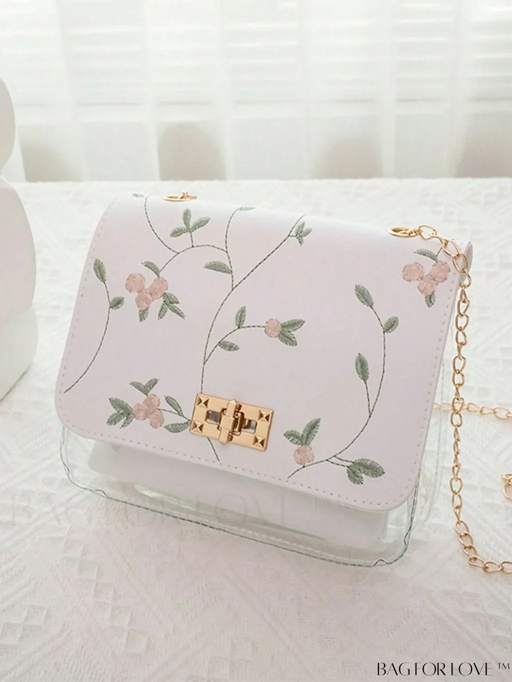 BagForLove - Clear Flap Bag with Flower Embroidery and Twist Lock: Stylish and Functional