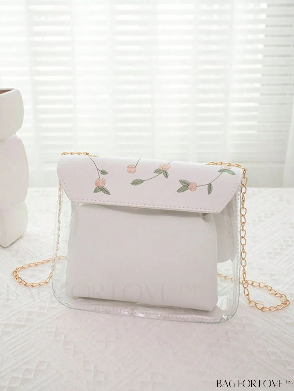 BagForLove - Clear Flap Bag with Flower Embroidery and Twist Lock: Stylish and Functional