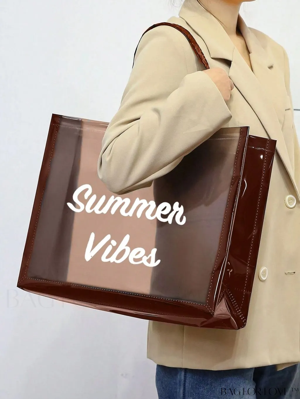 BagForLove - Contrast Binding Clear PVC Beach Bag with Letter Graphic