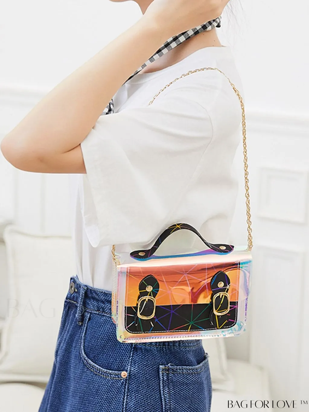 BagForLove - Holographic Chain Strap Mini Square Bag with Buckle Decor, Perfect for Daily Use