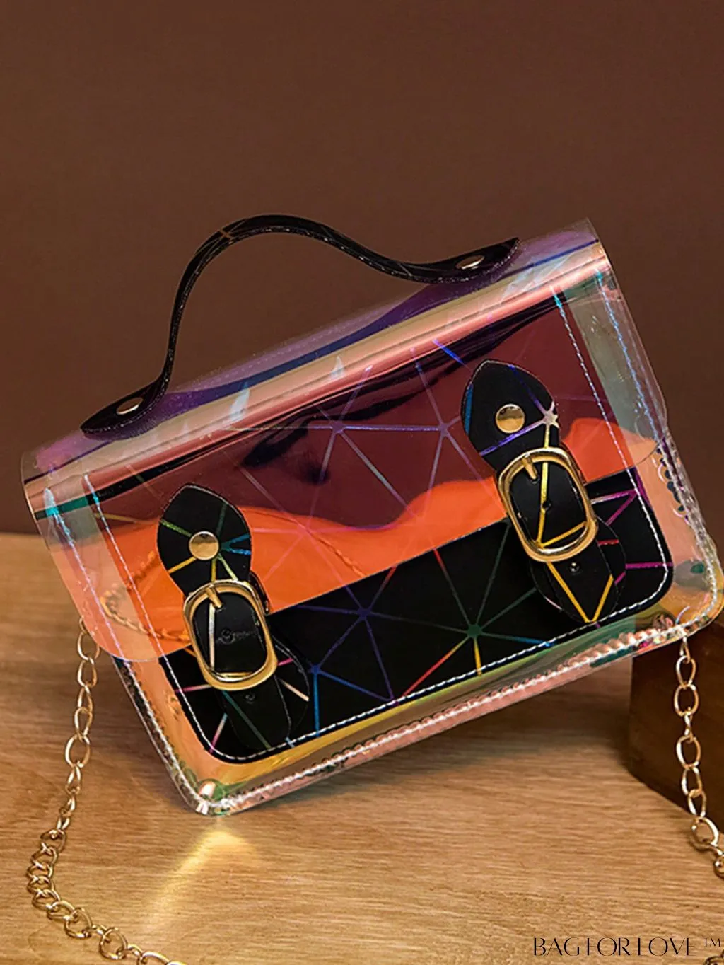 BagForLove - Holographic Chain Strap Mini Square Bag with Buckle Decor, Perfect for Daily Use