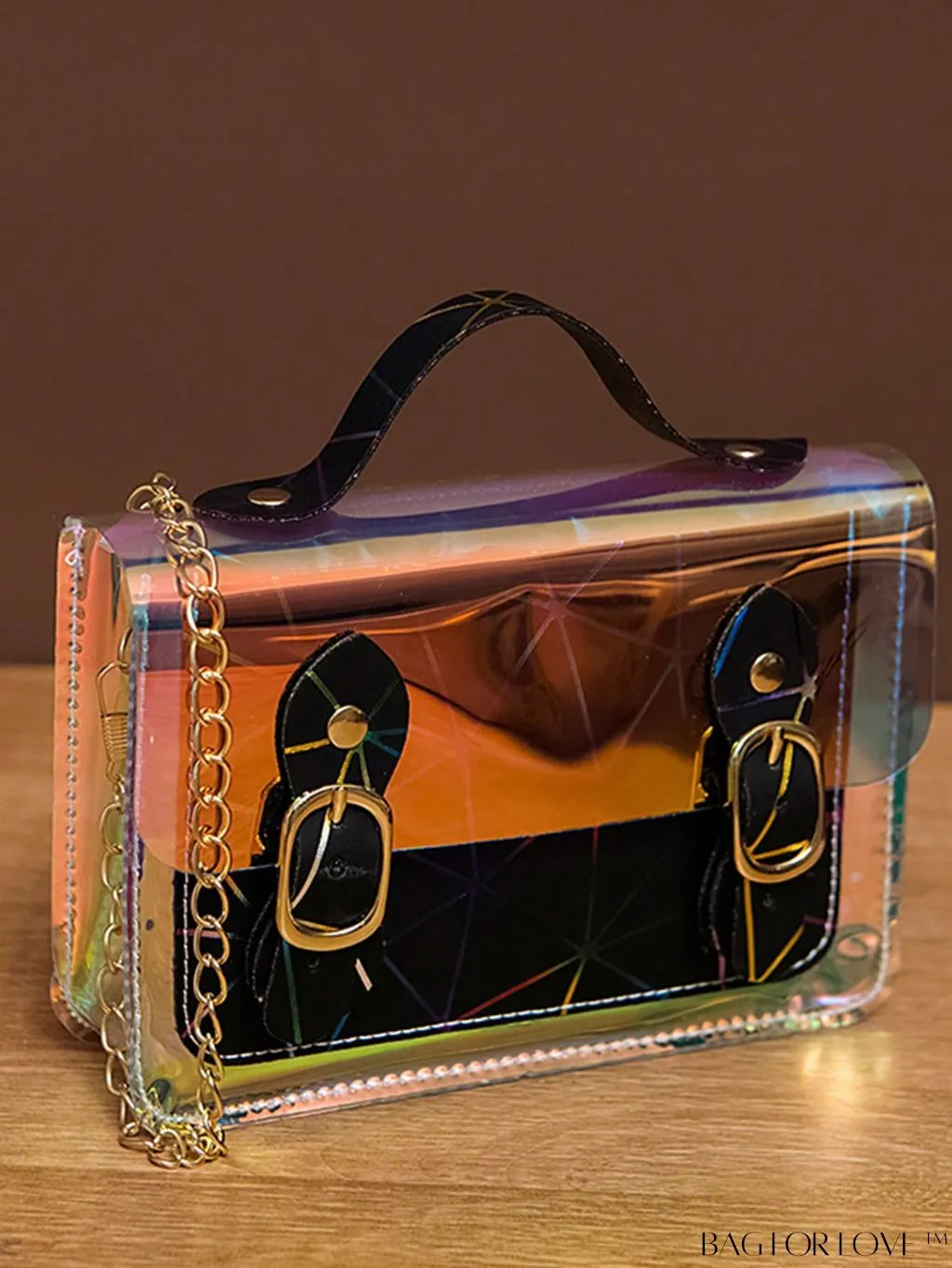 BagForLove - Holographic Chain Strap Mini Square Bag with Buckle Decor, Perfect for Daily Use