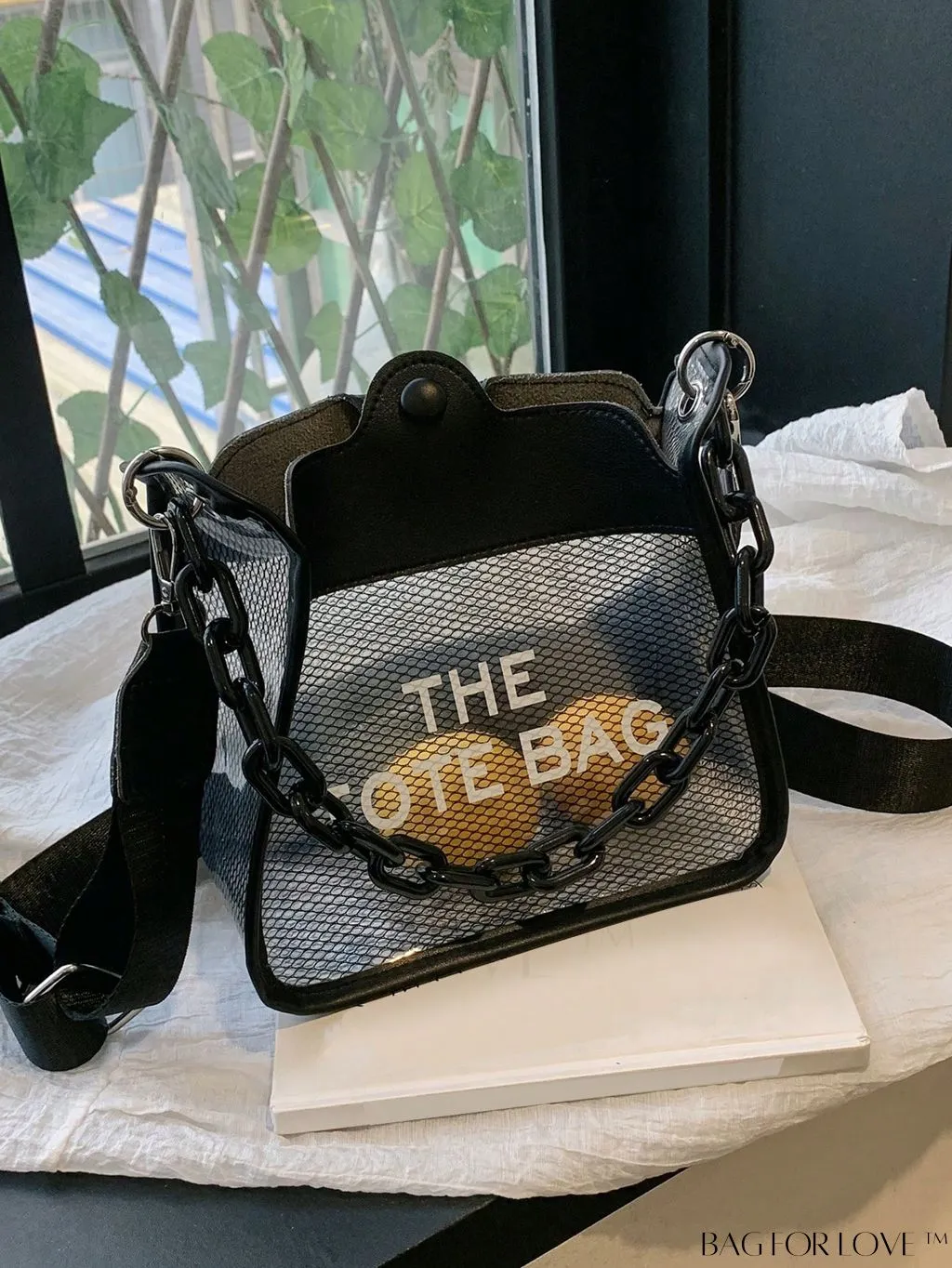 BagForLove - PVC Letter Graphic Chain Decor Mini Square Clear Bag