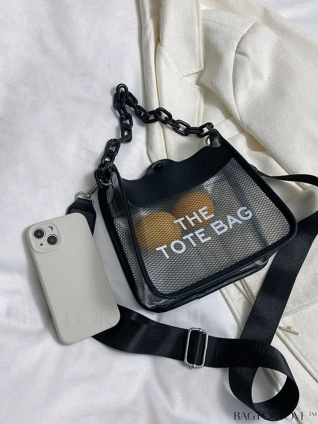 BagForLove - PVC Letter Graphic Chain Decor Mini Square Clear Bag