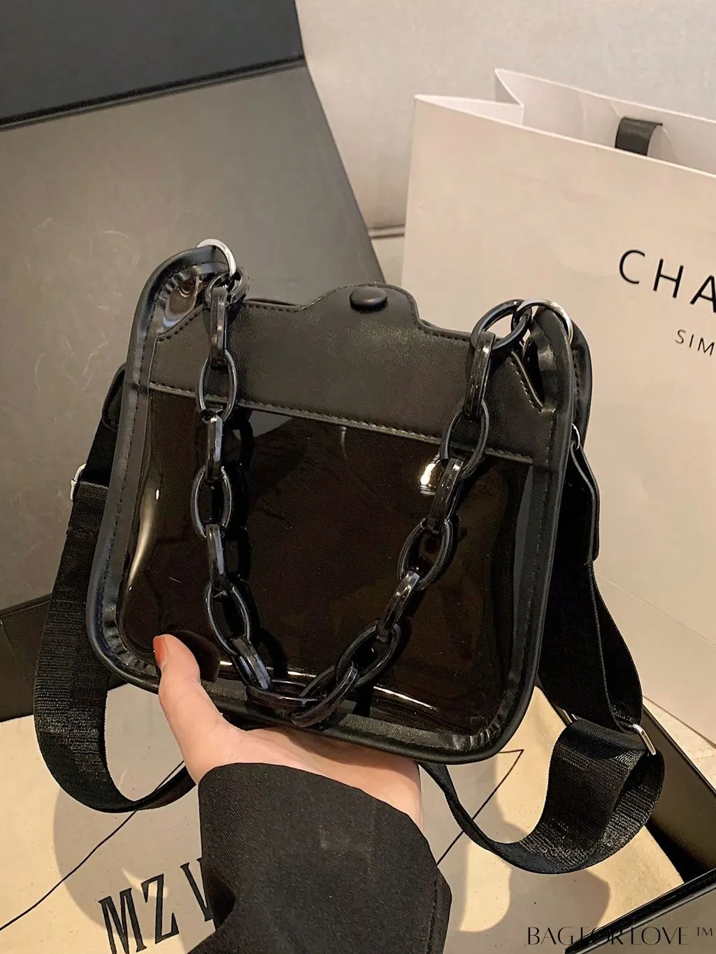 BagForLove - Stylish Mini Chain Square Bag - Elegant Black and Clear Fashion Accessory