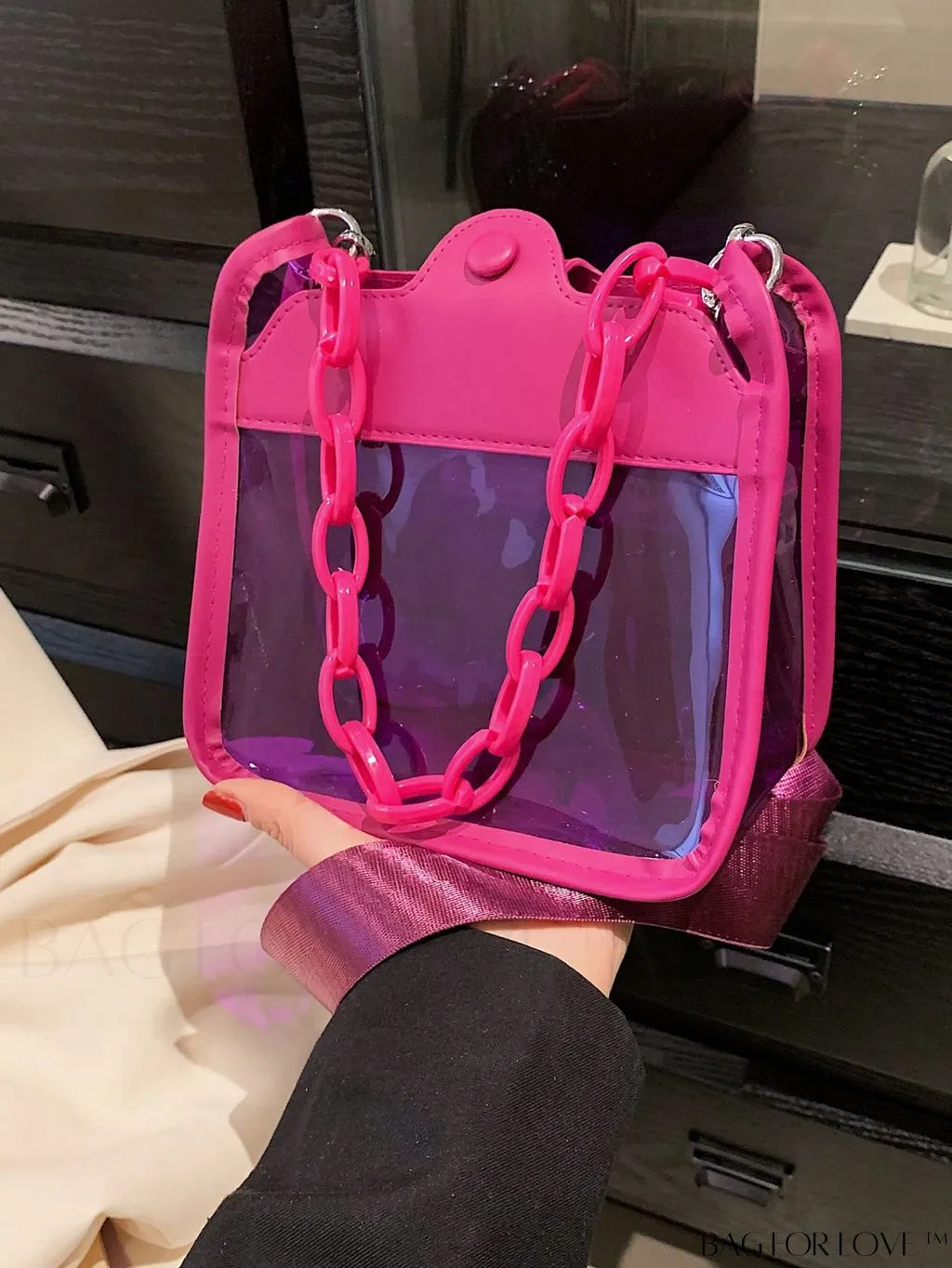 BagForLove - Stylish Mini Chain Square Bag - Elegant Black and Clear Fashion Accessory