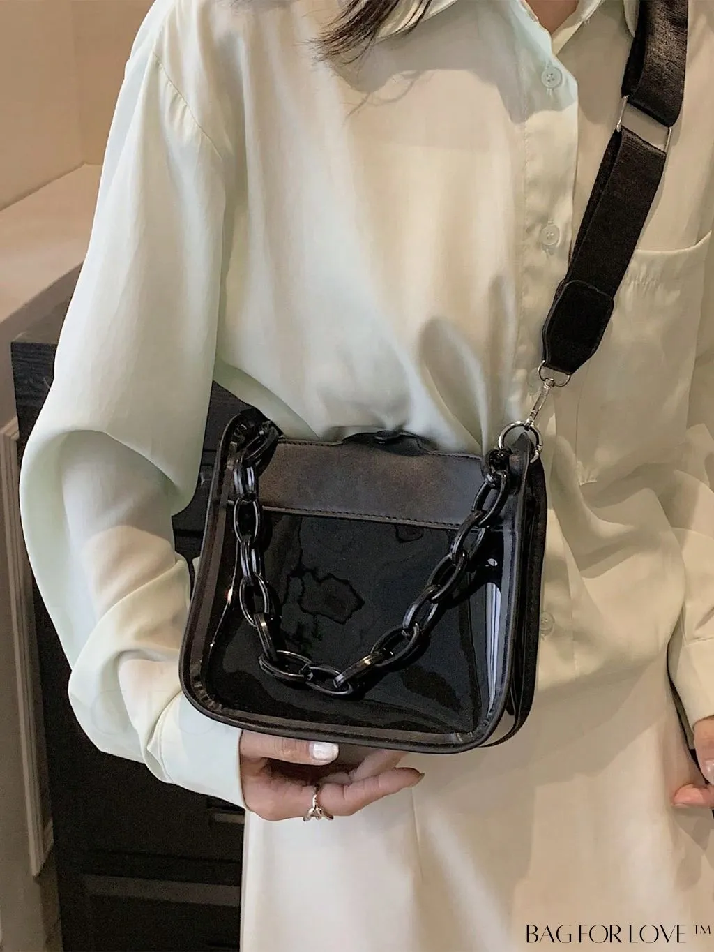 BagForLove - Stylish Mini Chain Square Bag - Elegant Black and Clear Fashion Accessory
