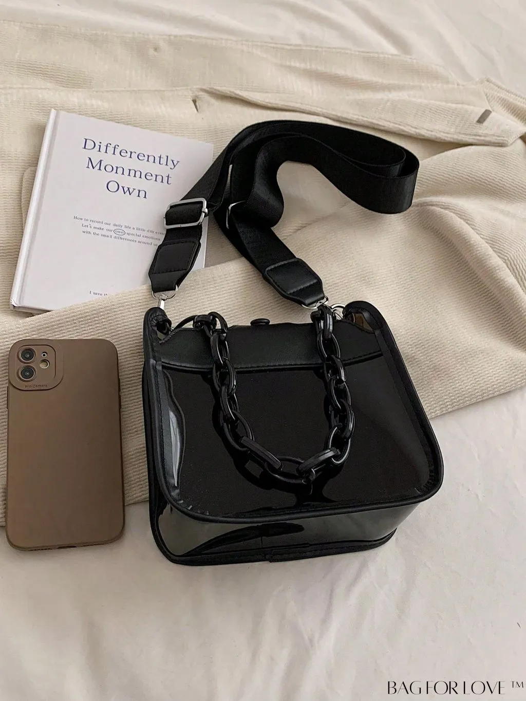 BagForLove - Stylish Mini Chain Square Bag - Elegant Black and Clear Fashion Accessory