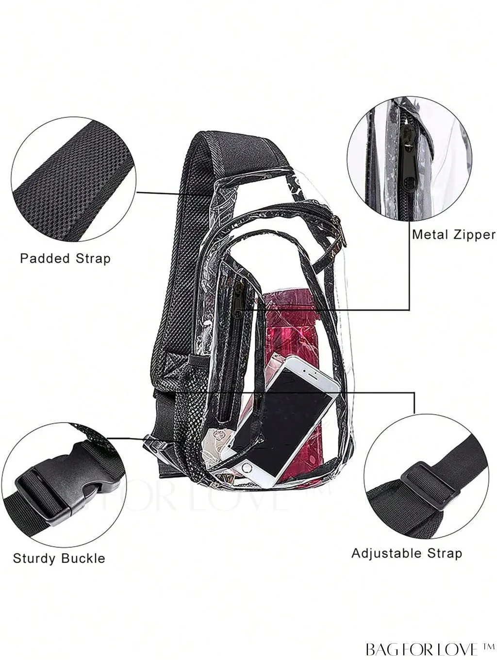BagForLove - Transparent PVC Crossbody Bag - Stadium Approved, Perfect for Concerts and Events