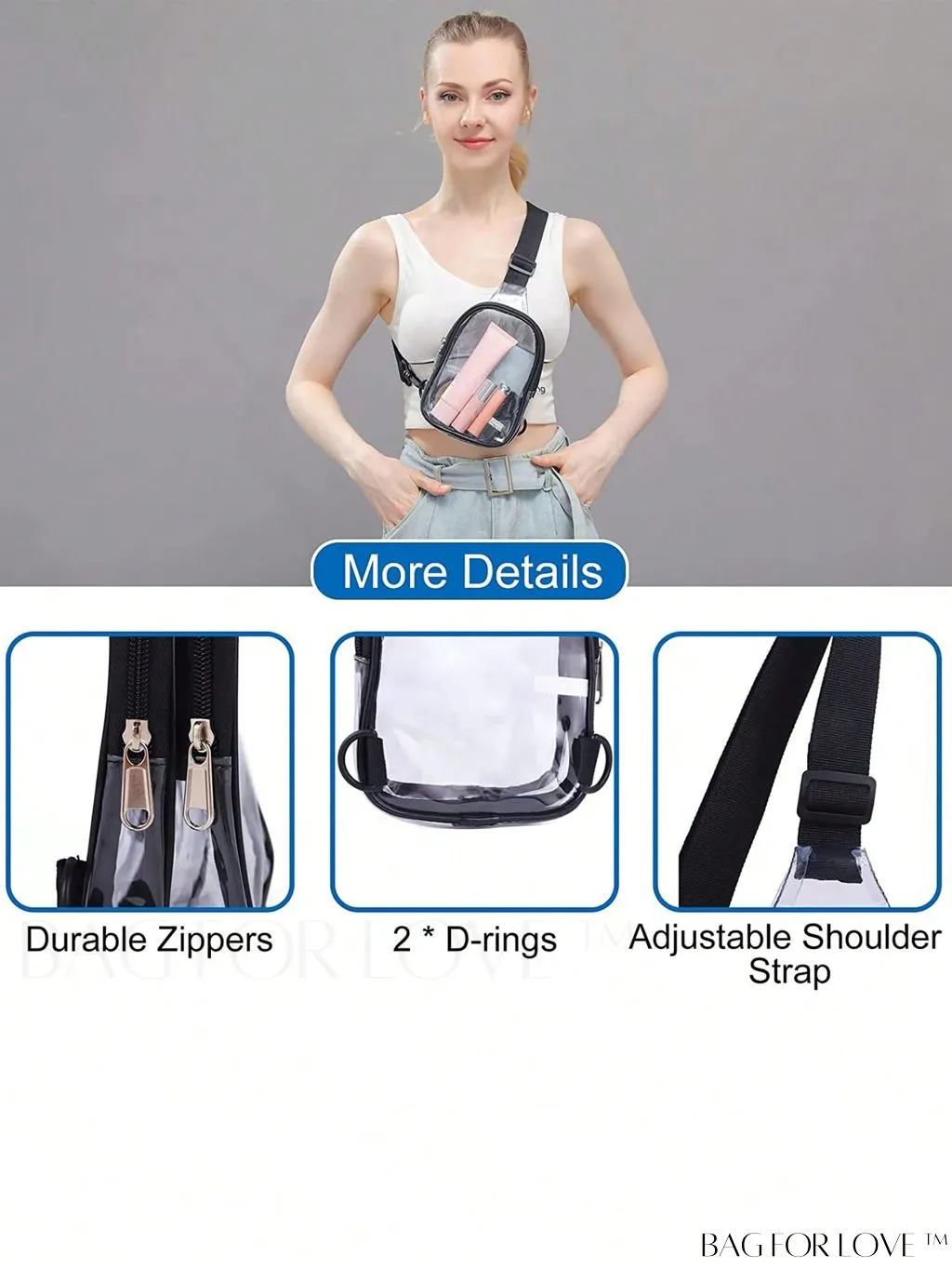 BagForLove - Transparent PVC Crossbody Bag - Stadium Approved, Perfect for Concerts and Events