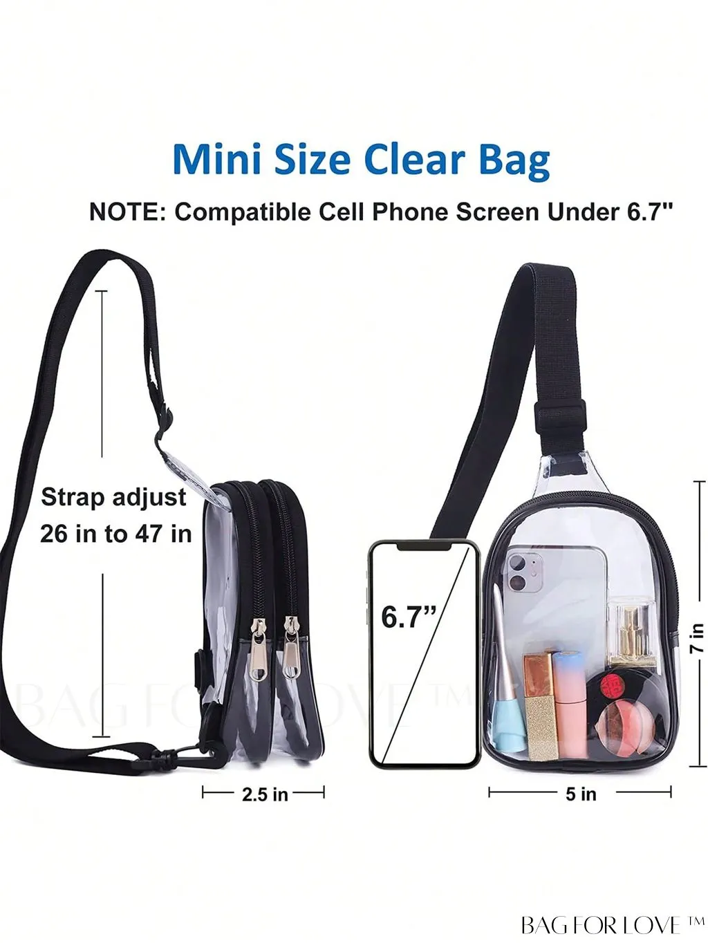 BagForLove - Transparent PVC Crossbody Bag - Stadium Approved, Perfect for Concerts and Events