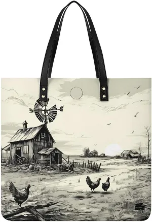 Barn Farmhouse Chick Animals Tote Bags PU Leather Top Handle Satchel Handbags Shoulder Bags Travel Purse for Women Men