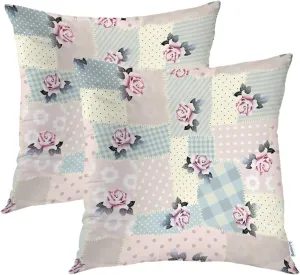 Batmerry Square Patchwork Art Throw Pillow Covers,Retro Pink Blue Patchwork with Roses Decorative Pillow Covers Digital Printing Blended Fabric for Couch Sofa Bed Invisible Zipper 20X20 in