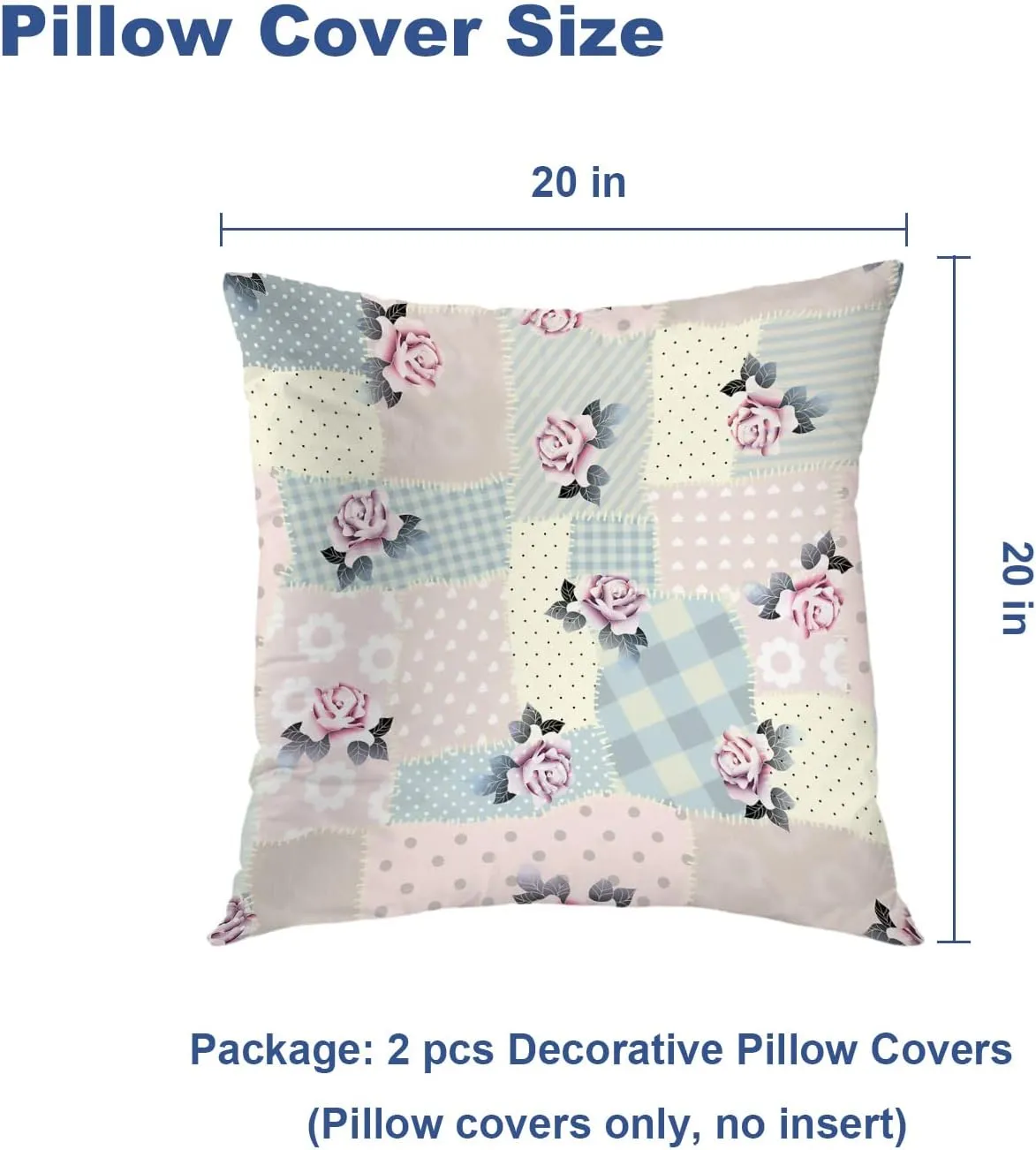 Batmerry Square Patchwork Art Throw Pillow Covers,Retro Pink Blue Patchwork with Roses Decorative Pillow Covers Digital Printing Blended Fabric for Couch Sofa Bed Invisible Zipper 20X20 in