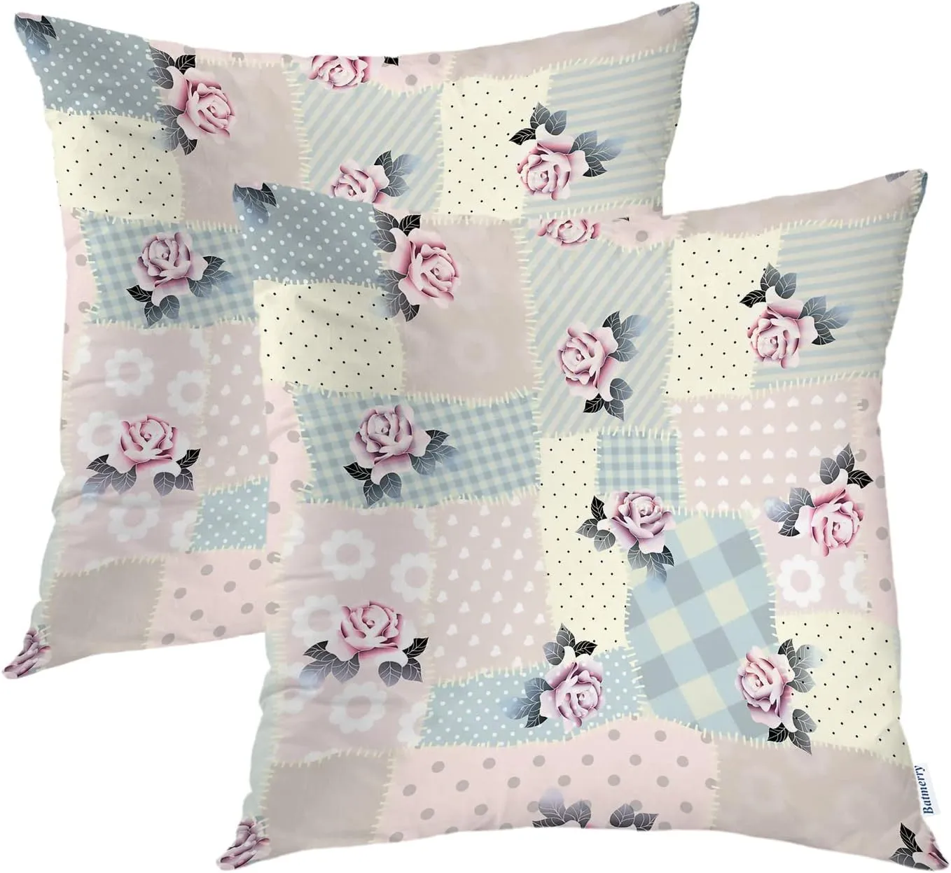 Batmerry Square Patchwork Art Throw Pillow Covers,Retro Pink Blue Patchwork with Roses Decorative Pillow Covers Digital Printing Blended Fabric for Couch Sofa Bed Invisible Zipper 20X20 in