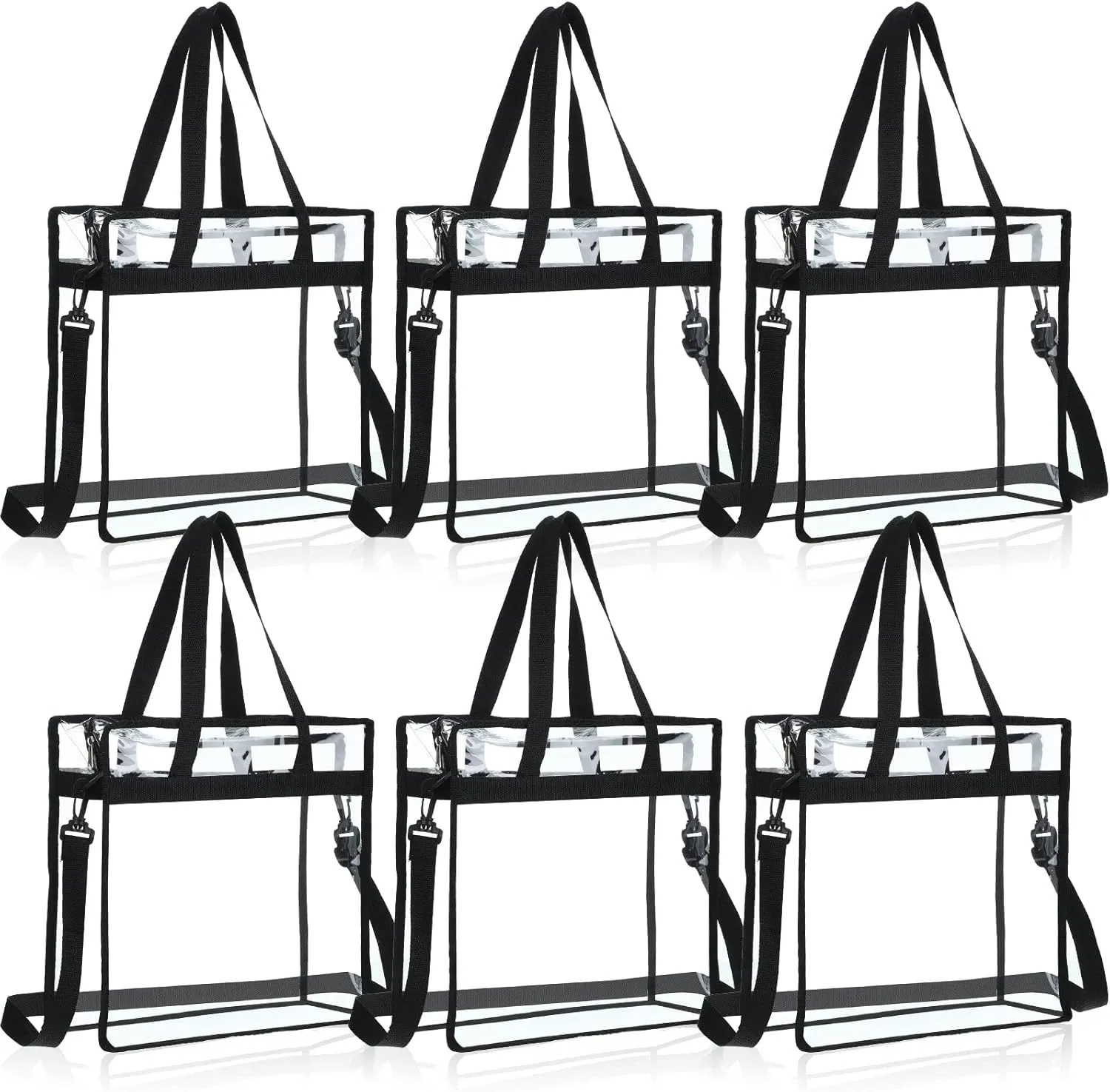 BBTO 6 Pcs Clear PVC Tote Bags, Stadium Approved, Transparent Design, Zipper Closure, 12 x 12 x 6 Inch, Women's Adults, Black