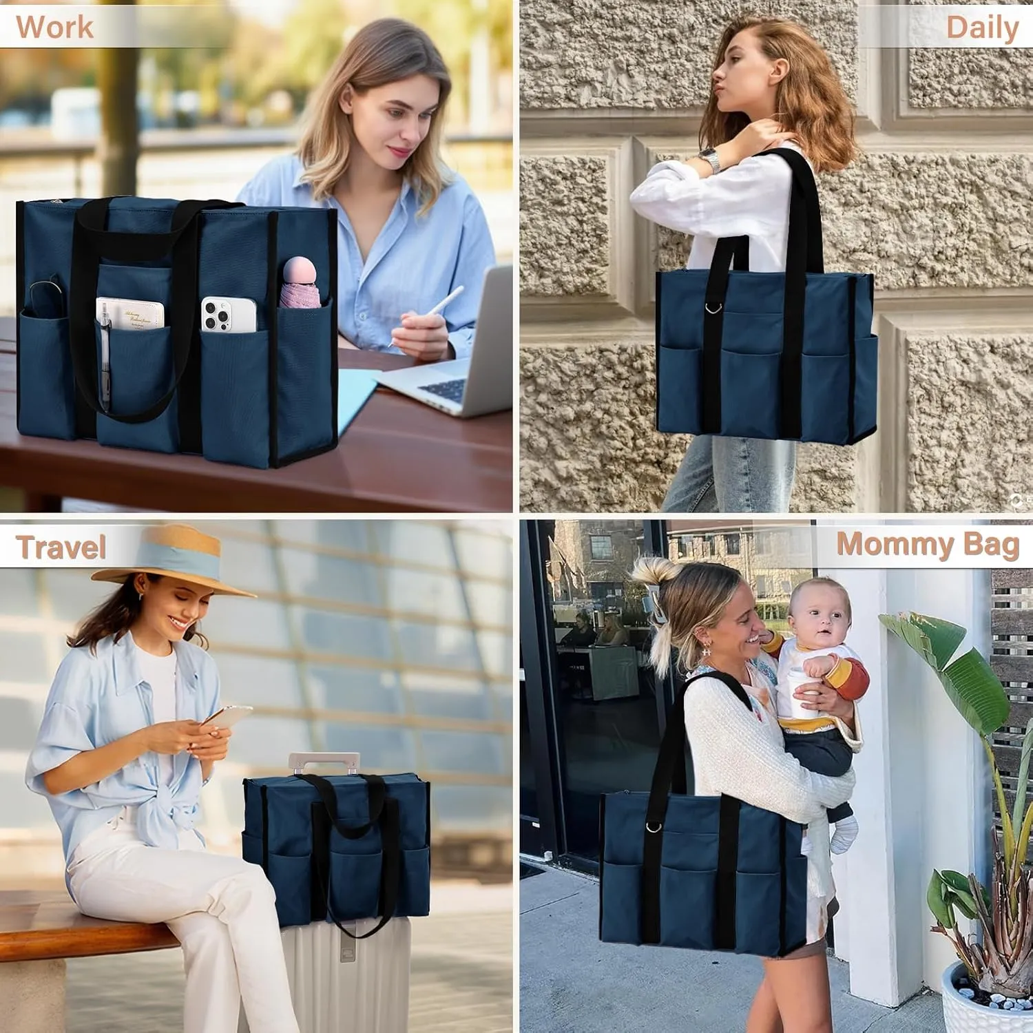 Becokan Large Waterproof Tote Bag for Women with 12 Pockets Top Zipper Closure Utility Teacher Nurse Bags for Work School