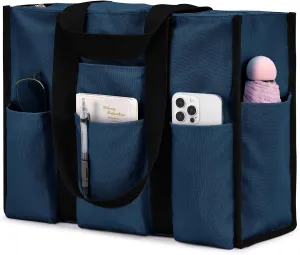 Becokan Large Waterproof Tote Bag for Women with 12 Pockets Top Zipper Closure Utility Teacher Nurse Bags for Work School
