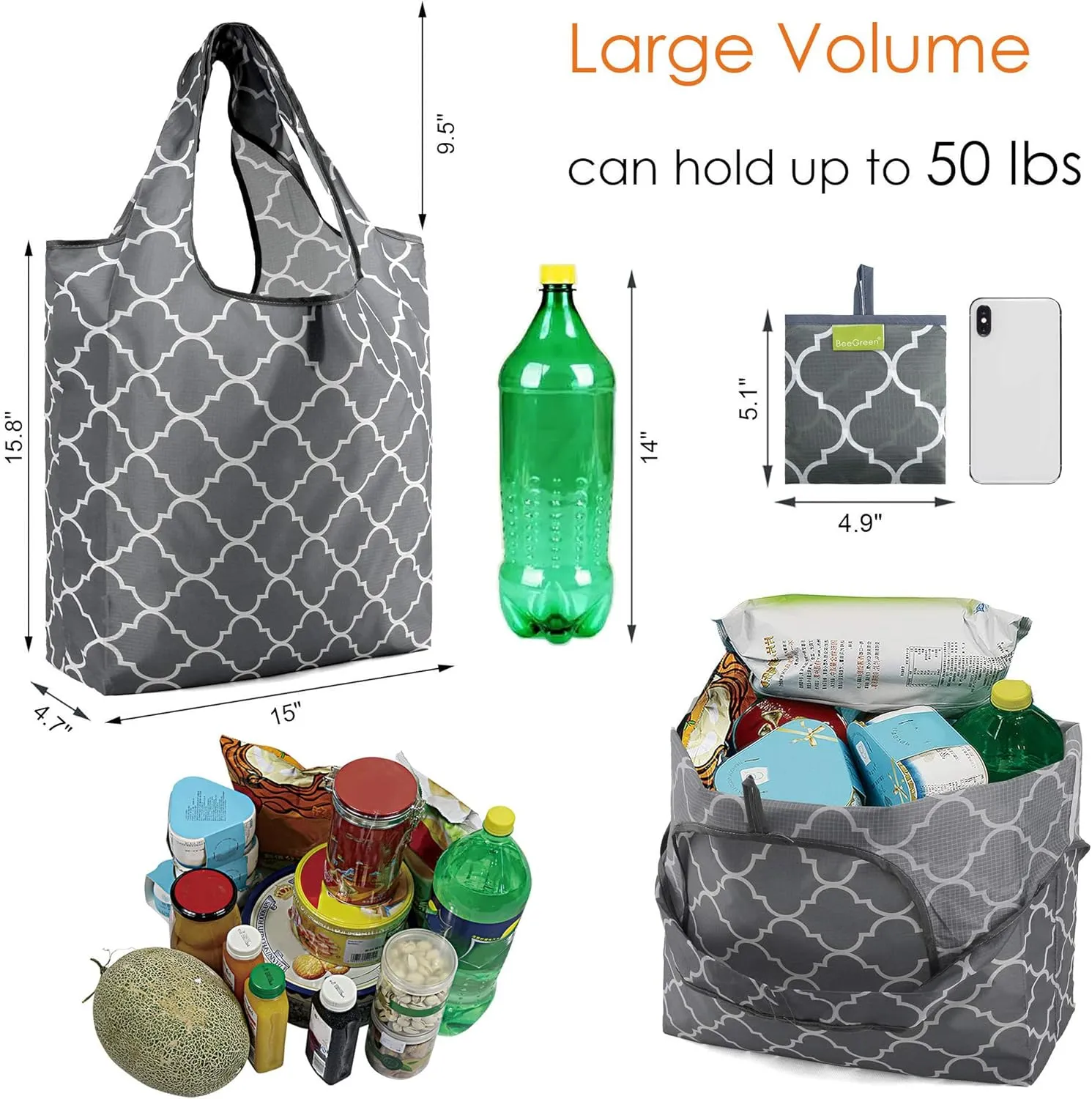 BeeGreen Foldable Reusable Grocery Bags - Heavy Duty 6 Pack with Handles | Large Holiday Gift for Women & Men, Birthday Gift Ideas,Collapsible Cloth Storage for Market Trips, Beach Outings​