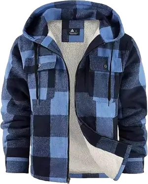 Big and Tall Flannel Jacket for Men Cotton Plaid Fleece Lined Hoodies Sherpa Full Zip Plus Size Fall Winter Warm Coat