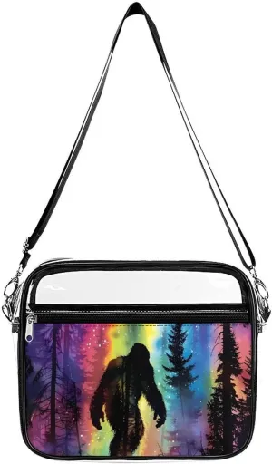 Bigfoot Colorful Psychedelic Forests Mist Large Clear Stadium Bag Clear Mini Messenger Bags with 2 Compartments Crossbody Bag