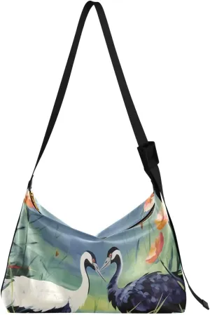 Bird Flowers Crane Crossbody Bag for Women Men with Adjustable Strap PU Leather Shoulder Hobo Purse Bag 20854512