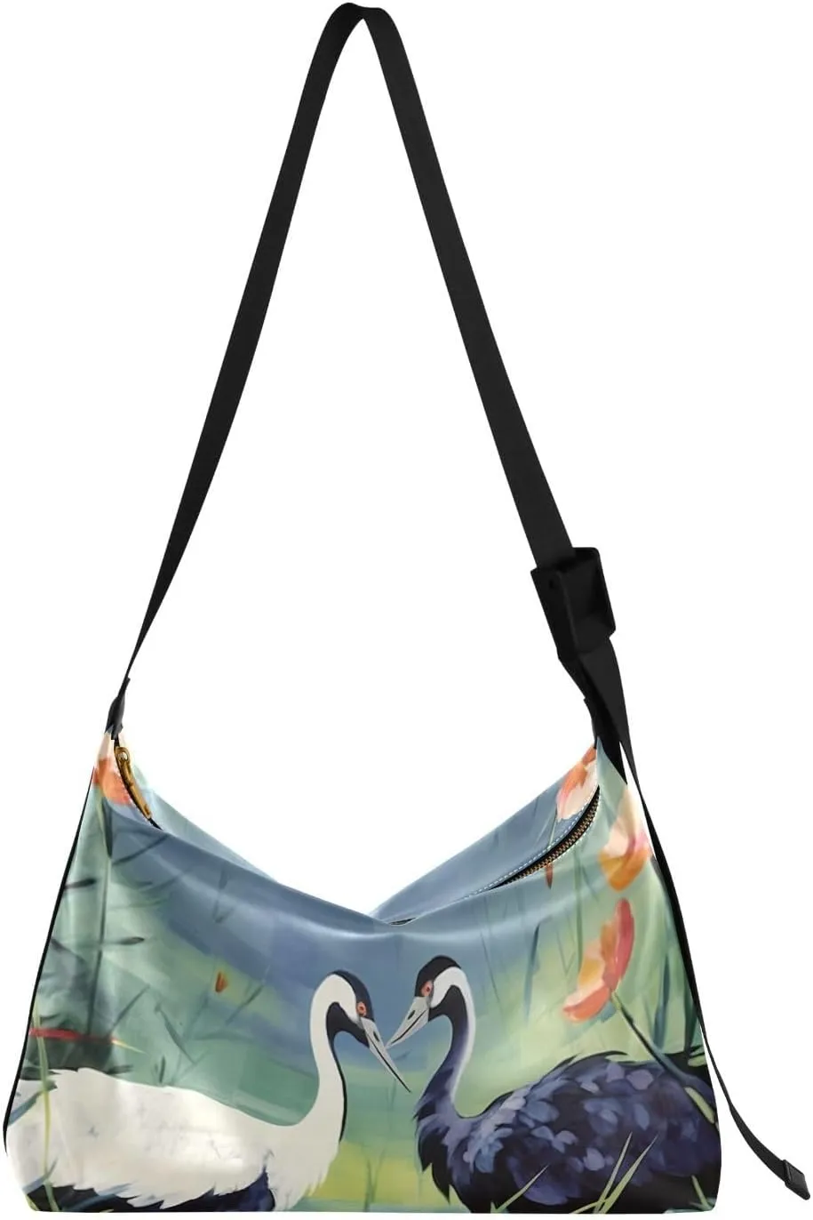 Bird Flowers Crane Crossbody Bag for Women Men with Adjustable Strap PU Leather Shoulder Hobo Purse Bag 20854512